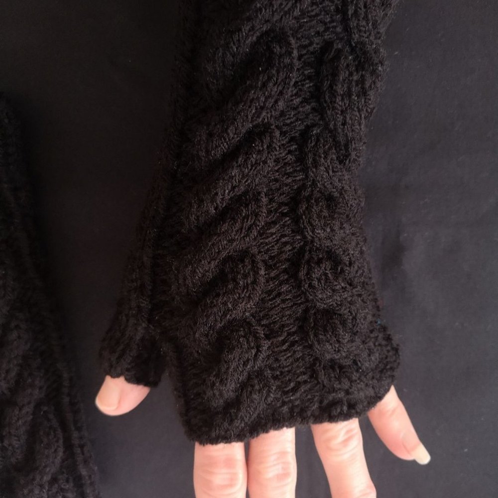 Black Twist Knit Fingerless Texting Gloves Mittens Handmade Product of Canada